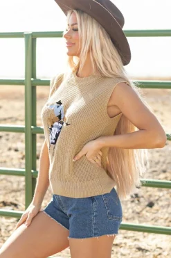 Best Dear-Lover Western Cowboy Embroidery Round Neck Sleeveless Sweater Parchment