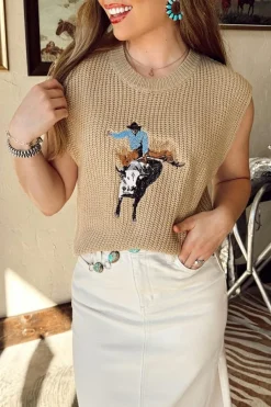 Best Dear-Lover Western Cowboy Embroidery Round Neck Sleeveless Sweater Parchment