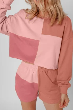 Online Dear-Lover Colorblock Patchwork Long Sleeve Shorts Outfit Peach Blossom