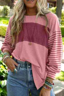 Clearance Dear-Lover Colorblock Striped Bishop Sleeve Top Peach Blossom