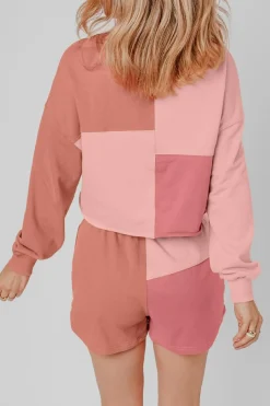Online Dear-Lover Colorblock Patchwork Long Sleeve Shorts Outfit Peach Blossom