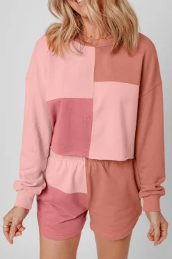 Online Dear-Lover Colorblock Patchwork Long Sleeve Shorts Outfit Peach Blossom
