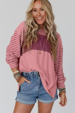 Clearance Dear-Lover Colorblock Striped Bishop Sleeve Top Peach Blossom