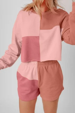 Online Dear-Lover Colorblock Patchwork Long Sleeve Shorts Outfit Peach Blossom
