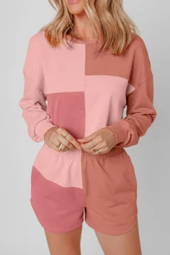 Online Dear-Lover Colorblock Patchwork Long Sleeve Shorts Outfit Peach Blossom