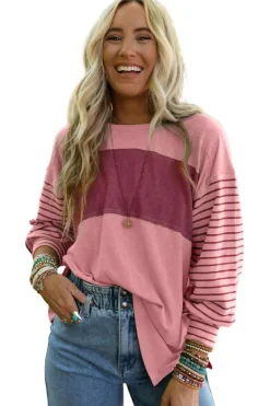 Clearance Dear-Lover Colorblock Striped Bishop Sleeve Top Peach Blossom