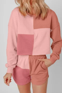 Online Dear-Lover Colorblock Patchwork Long Sleeve Shorts Outfit Peach Blossom