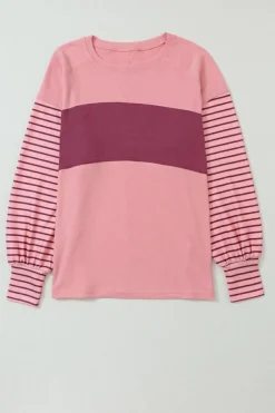 Clearance Dear-Lover Colorblock Striped Bishop Sleeve Top Peach Blossom