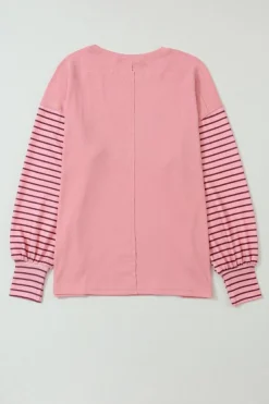 Clearance Dear-Lover Colorblock Striped Bishop Sleeve Top Peach Blossom