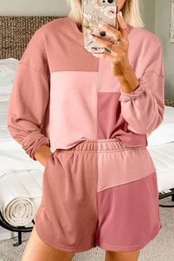 Online Dear-Lover Colorblock Patchwork Long Sleeve Shorts Outfit Peach Blossom