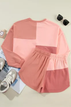 Online Dear-Lover Colorblock Patchwork Long Sleeve Shorts Outfit Peach Blossom