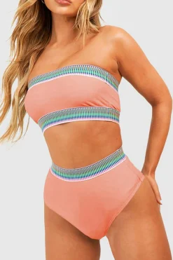 Discount Dear-Lover Contrast Banding Tube Bikini High Waist 2pcs Swimsuit Peach Blossom