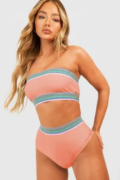 Discount Dear-Lover Contrast Banding Tube Bikini High Waist 2pcs Swimsuit Peach Blossom