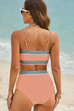 Discount Dear-Lover Contrast Banding Tube Bikini High Waist 2pcs Swimsuit Peach Blossom