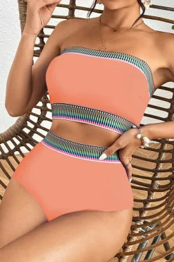 Discount Dear-Lover Contrast Banding Tube Bikini High Waist 2pcs Swimsuit Peach Blossom