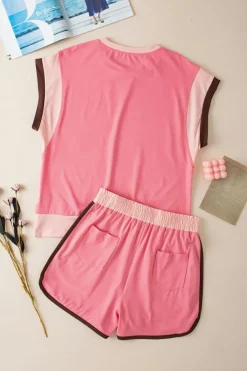 New Dear-Lover Contrast Trim Cap Sleeve Tee Shorts Set Peach Blossom