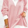 Clearance Dear-Lover Corded Colorblock Drop Shoulder Loose Top Peach Blossom