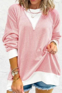 Clearance Dear-Lover Corded Colorblock Drop Shoulder Loose Top Peach Blossom