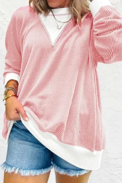 Clearance Dear-Lover Corded Colorblock Drop Shoulder Loose Top Peach Blossom
