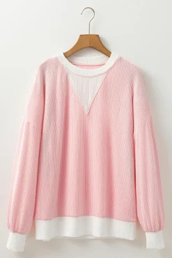 Clearance Dear-Lover Corded Colorblock Drop Shoulder Loose Top Peach Blossom