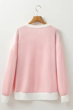 Clearance Dear-Lover Corded Colorblock Drop Shoulder Loose Top Peach Blossom