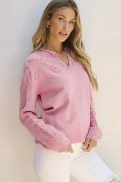 Sale Dear-Lover Flower Detail Knitted Notched Neck Sweater Peach Blossom