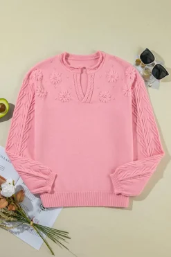 Sale Dear-Lover Flower Detail Knitted Notched Neck Sweater Peach Blossom