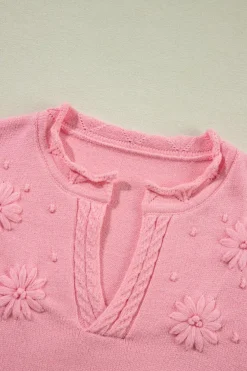 Sale Dear-Lover Flower Detail Knitted Notched Neck Sweater Peach Blossom