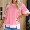 Discount Dear-Lover Half Sleeve Raw Seam High Low Side Split Top Peach Blossom