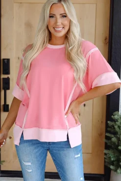 Discount Dear-Lover Half Sleeve Raw Seam High Low Side Split Top Peach Blossom