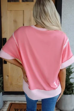 Discount Dear-Lover Half Sleeve Raw Seam High Low Side Split Top Peach Blossom