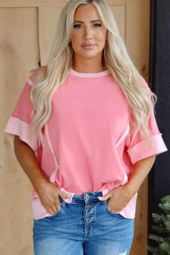 Discount Dear-Lover Half Sleeve Raw Seam High Low Side Split Top Peach Blossom