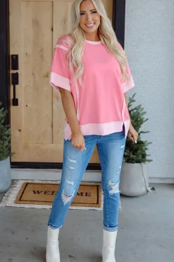 Discount Dear-Lover Half Sleeve Raw Seam High Low Side Split Top Peach Blossom