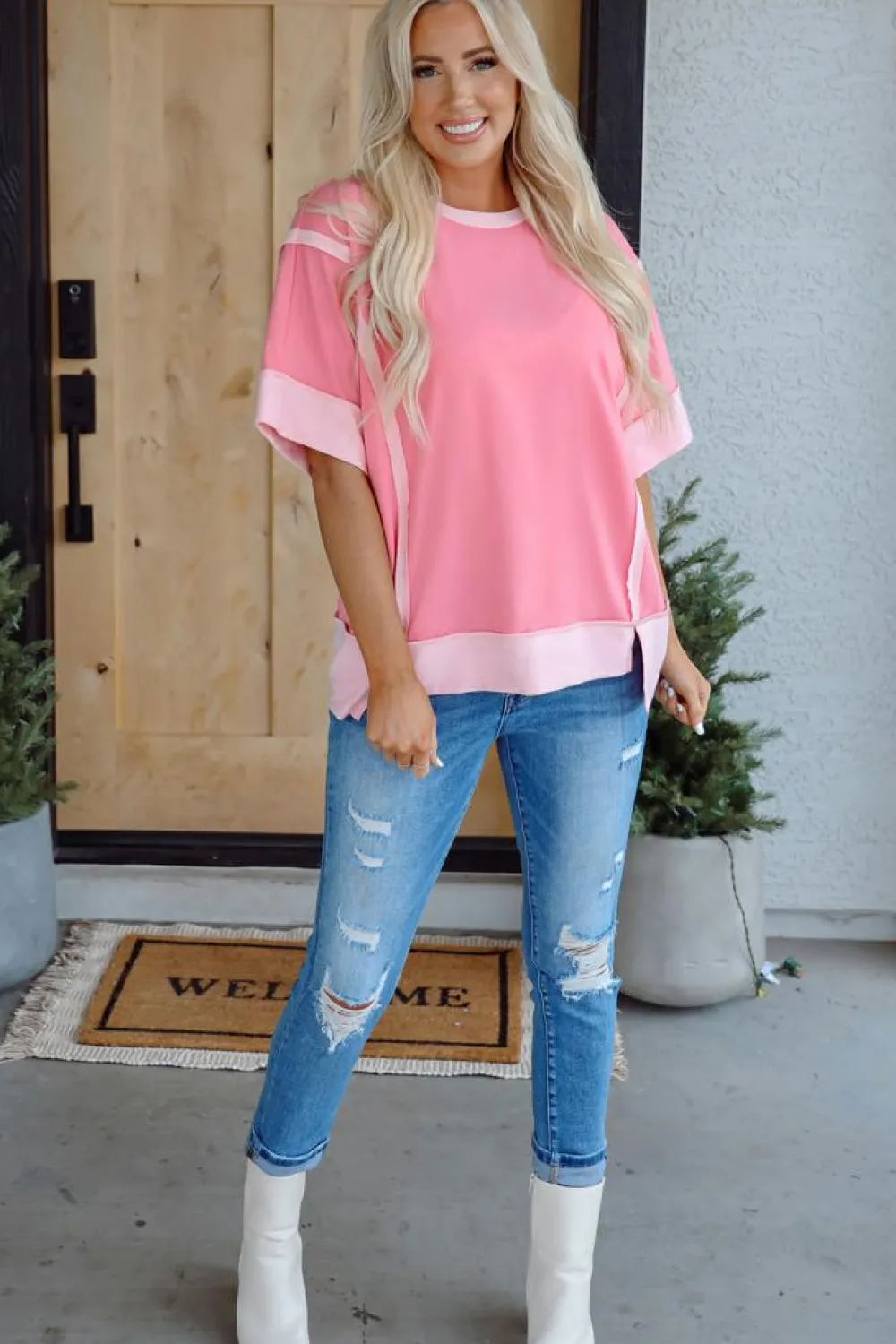 Discount Dear-Lover Half Sleeve Raw Seam High Low Side Split Top Peach Blossom