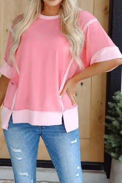 Discount Dear-Lover Half Sleeve Raw Seam High Low Side Split Top Peach Blossom