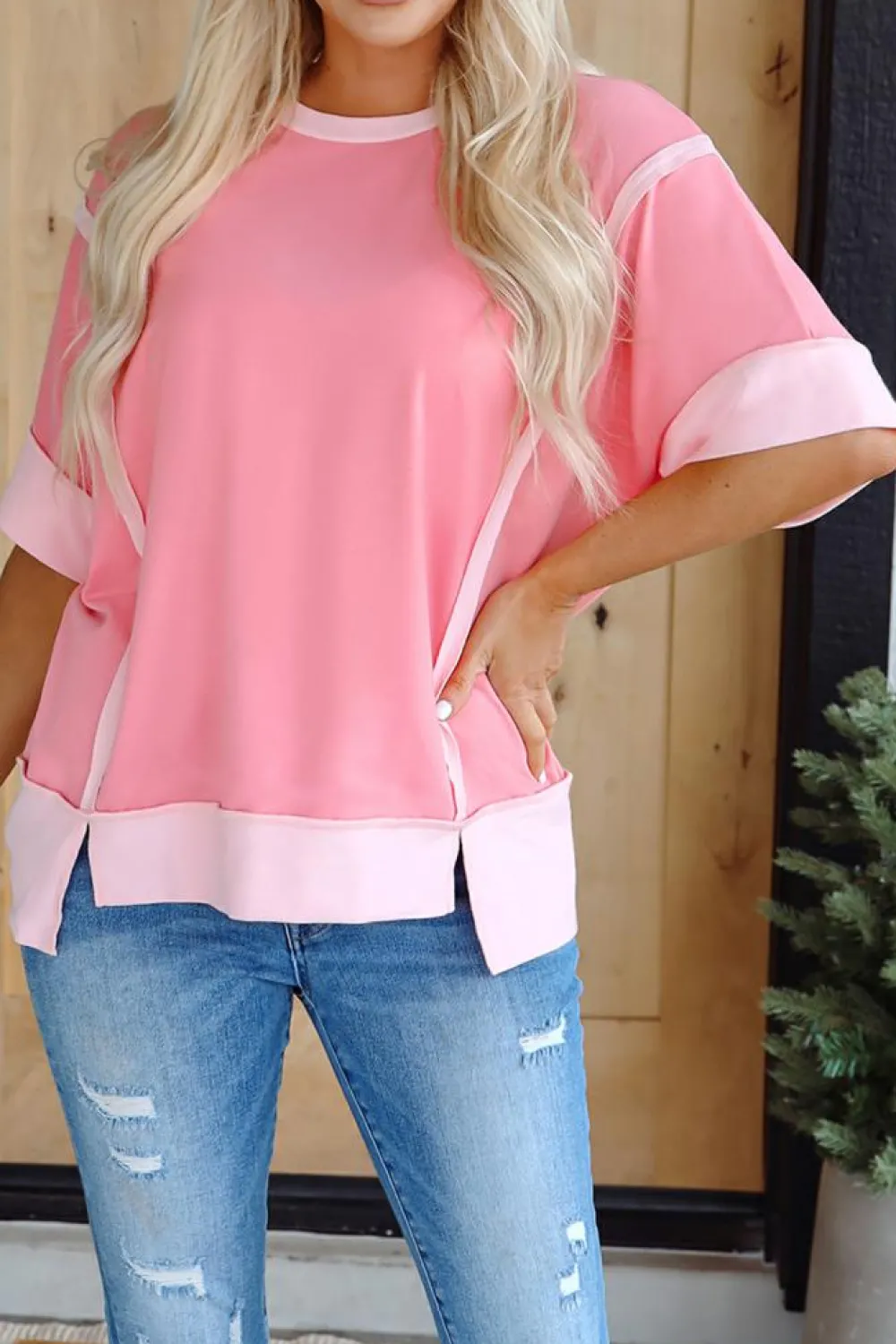 Discount Dear-Lover Half Sleeve Raw Seam High Low Side Split Top Peach Blossom