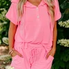 Clearance Dear-Lover Hooded Short Sleeve Henley Top and Shorts Set Peach Blossom