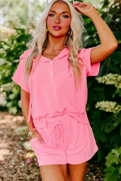 Clearance Dear-Lover Hooded Short Sleeve Henley Top and Shorts Set Peach Blossom