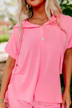 Clearance Dear-Lover Hooded Short Sleeve Henley Top and Shorts Set Peach Blossom