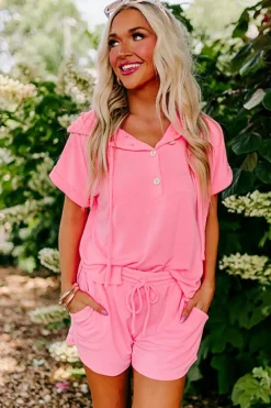 Clearance Dear-Lover Hooded Short Sleeve Henley Top and Shorts Set Peach Blossom