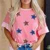 Outlet Dear-Lover Independence Day Sequin Star Graphic Contrast Patchwork Tee Peach Blossom