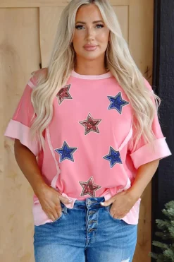 Outlet Dear-Lover Independence Day Sequin Star Graphic Contrast Patchwork Tee Peach Blossom