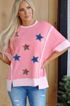 Outlet Dear-Lover Independence Day Sequin Star Graphic Contrast Patchwork Tee Peach Blossom