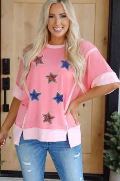 Outlet Dear-Lover Independence Day Sequin Star Graphic Contrast Patchwork Tee Peach Blossom