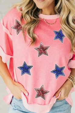 Outlet Dear-Lover Independence Day Sequin Star Graphic Contrast Patchwork Tee Peach Blossom