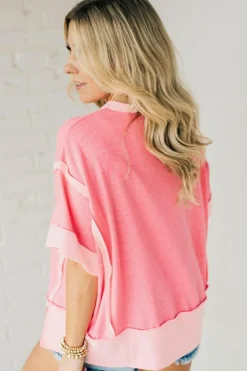 Outlet Dear-Lover Independence Day Sequin Star Graphic Contrast Patchwork Tee Peach Blossom