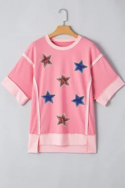Outlet Dear-Lover Independence Day Sequin Star Graphic Contrast Patchwork Tee Peach Blossom