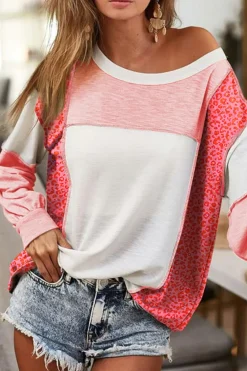 Best Dear-Lover Leopard Colorblock Patchwork Exposed Seam Top Peach Blossom