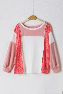 Best Dear-Lover Leopard Colorblock Patchwork Exposed Seam Top Peach Blossom