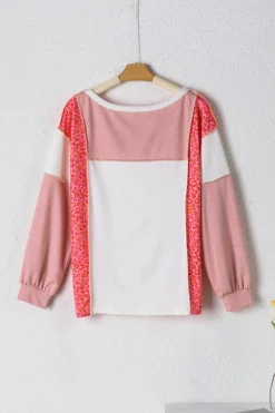 Best Dear-Lover Leopard Colorblock Patchwork Exposed Seam Top Peach Blossom